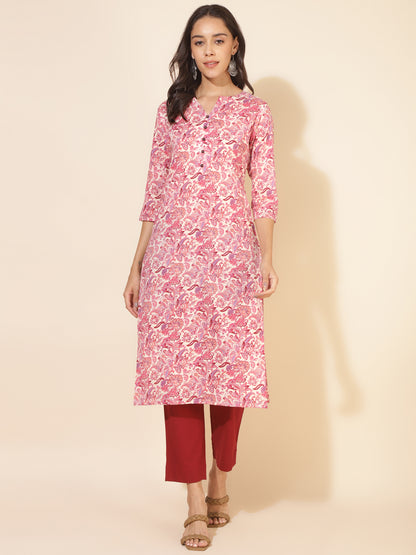 Women's Cream Floral Pink Casual Cotton Kurti (Top Only)