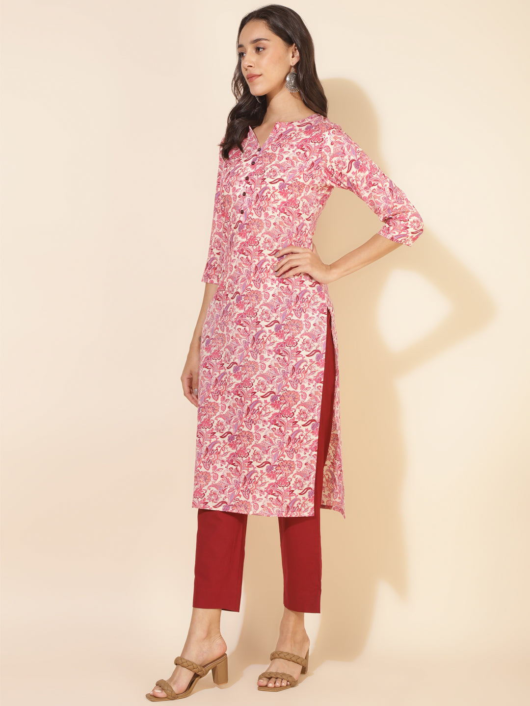 Women's Cream Floral Pink Casual Cotton Kurti (Top Only)