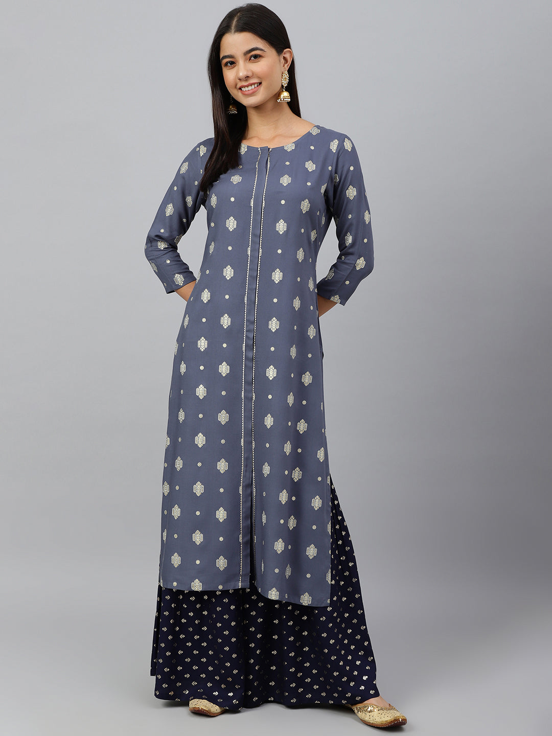 Women's Grey Ethnic Motifs Festive Rayon Kurti (Top Only)