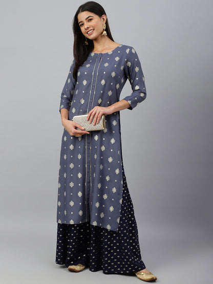 Women's Grey Ethnic Motifs Festive Rayon Kurti (Top Only)