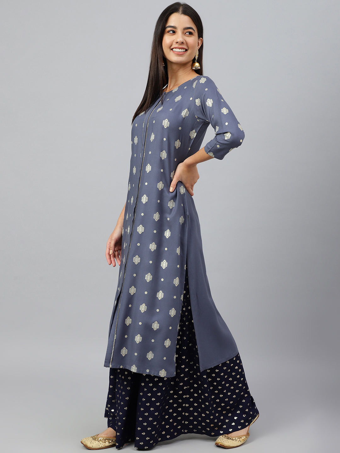 Women's Grey Ethnic Motifs Festive Rayon Kurti (Top Only)