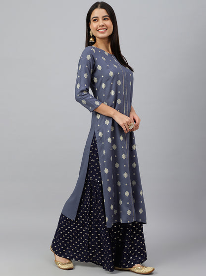 Women's Grey Ethnic Motifs Festive Rayon Kurti (Top Only)