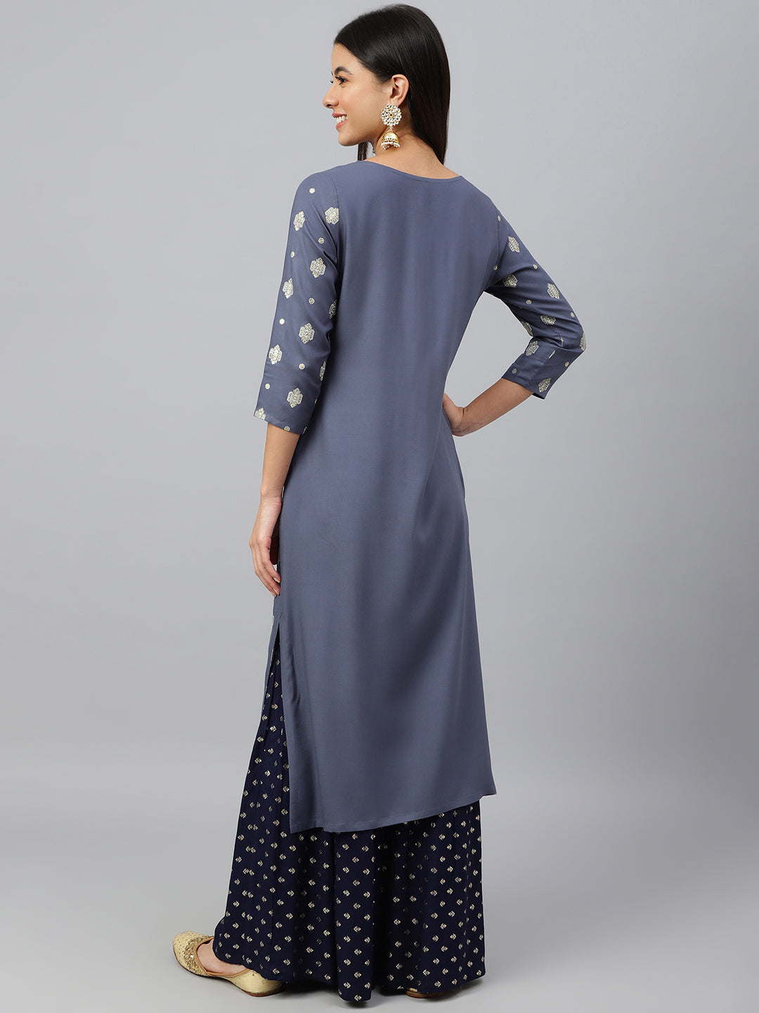 Women's Grey Ethnic Motifs Festive Rayon Kurti (Top Only)