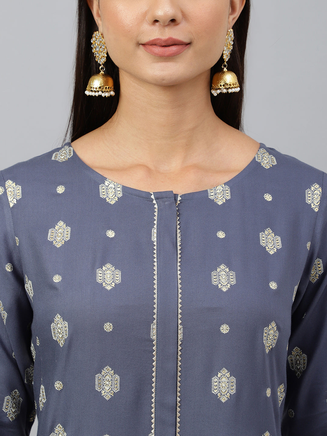 Women's Grey Ethnic Motifs Festive Rayon Kurti (Top Only)