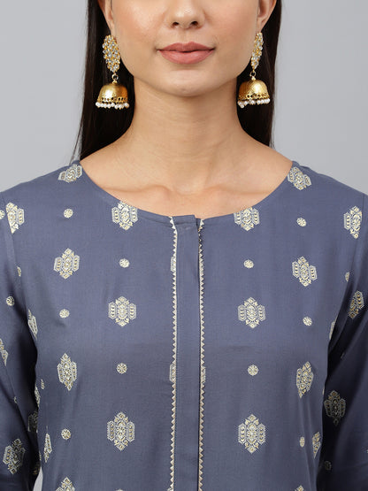 Women's Grey Ethnic Motifs Festive Rayon Kurti (Top Only)