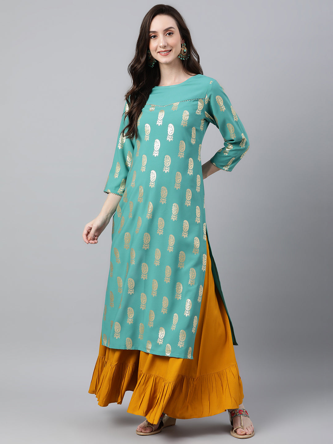 Women's Sea Green Floral Foil Print Casual Crepe Kurti (Top Only)