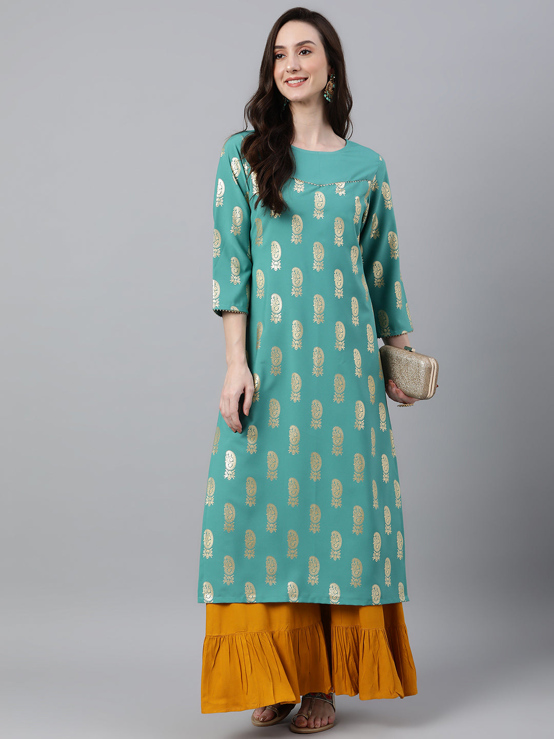 Women's Sea Green Floral Foil Print Casual Crepe Kurti (Top Only)