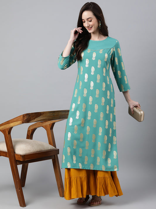 Women's Sea Green Floral Foil Print Casual Crepe Kurti (Top Only)