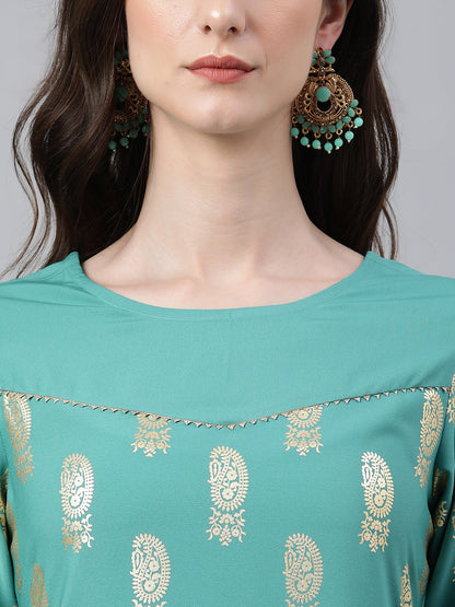 Women's Sea Green Floral Foil Print Casual Crepe Kurti (Top Only)