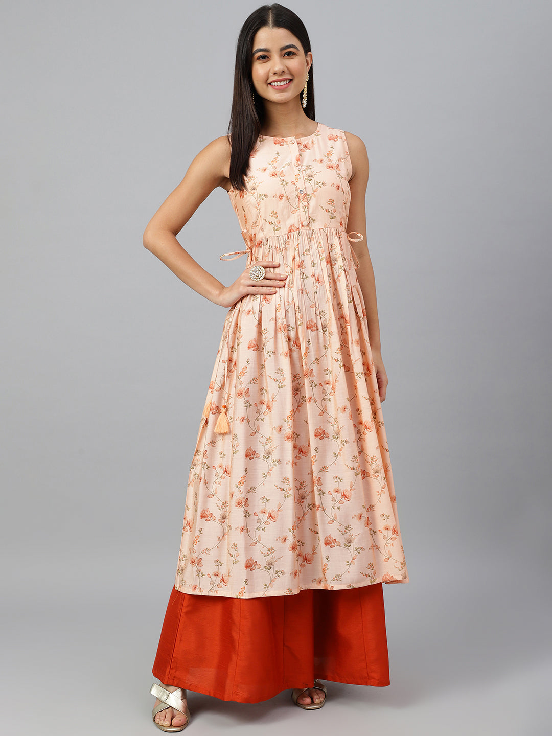 Women's Peach Floral Print Casual Muslin Kurti (Top Only)