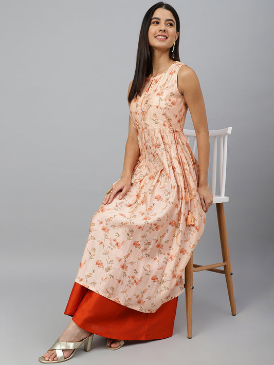 Women's Peach Floral Print Casual Muslin Kurti (Top Only)