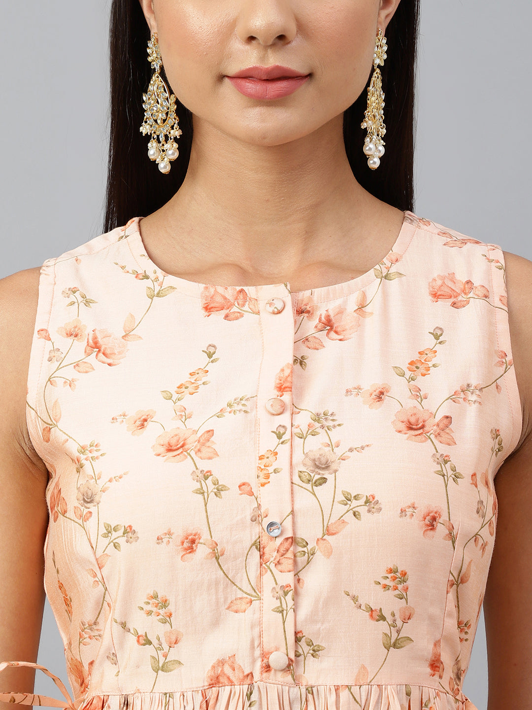 Women's Peach Floral Print Casual Muslin Kurti (Top Only)