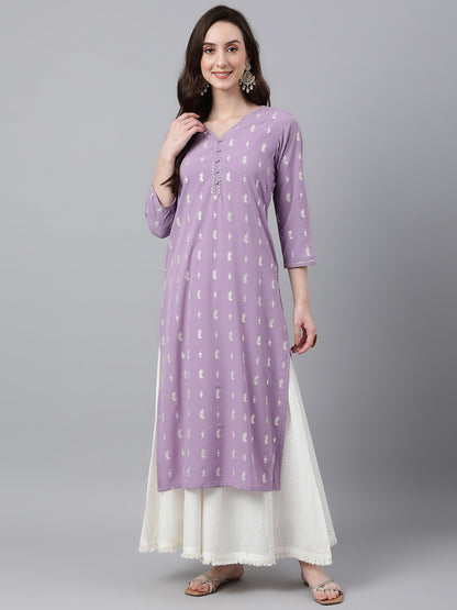 Women's Lavender Foil Print Casual Crepe Kurti (Top Only)