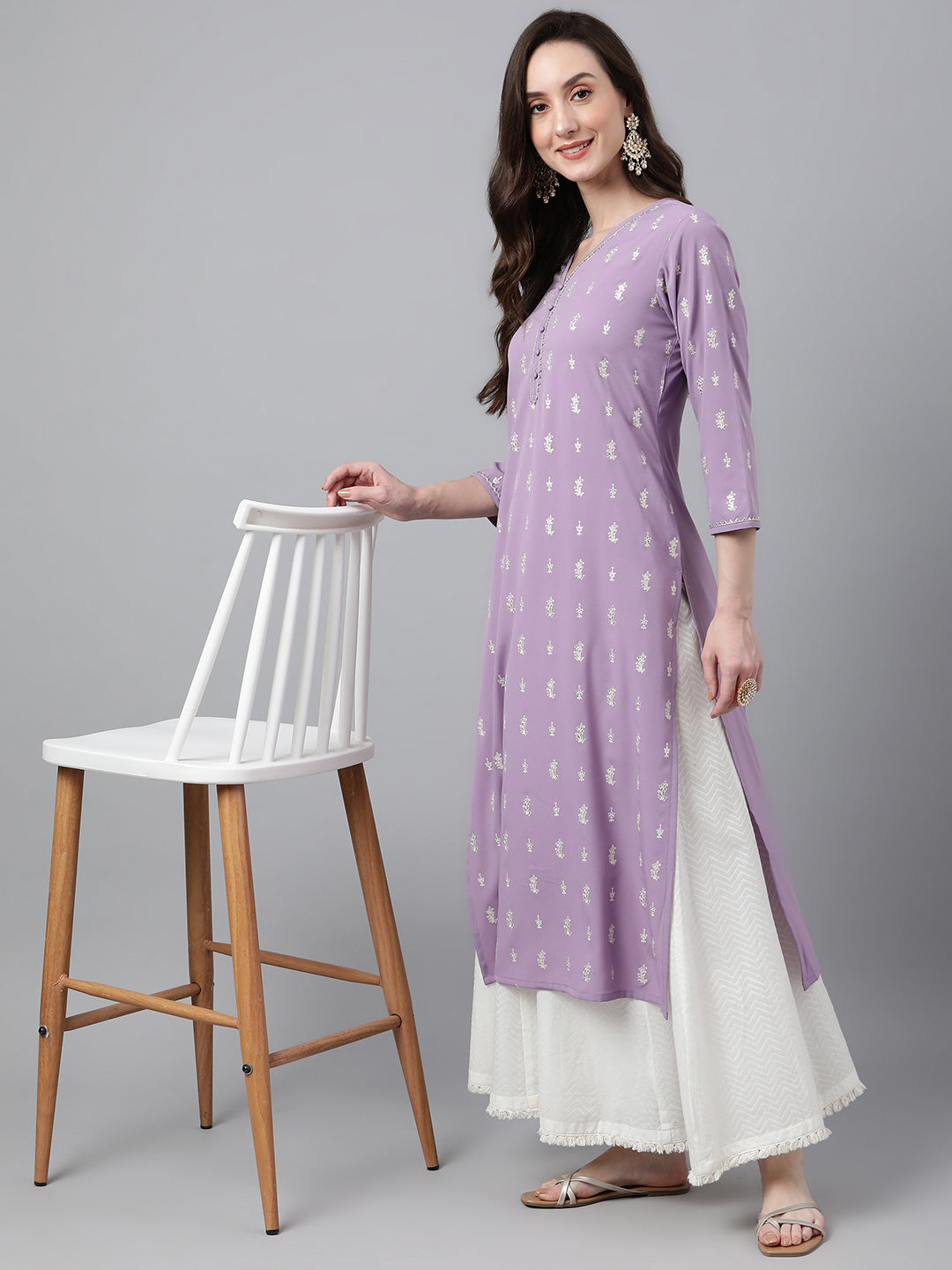 Women's Lavender Foil Print Casual Crepe Kurti (Top Only)