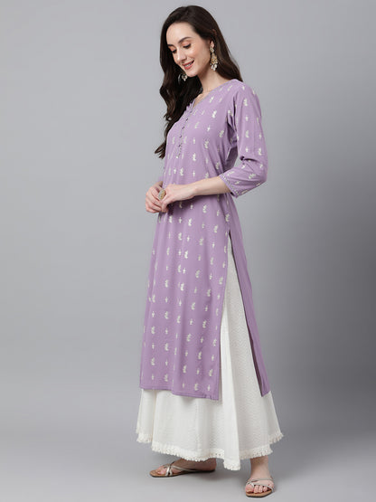 Women's Lavender Foil Print Casual Crepe Kurti (Top Only)