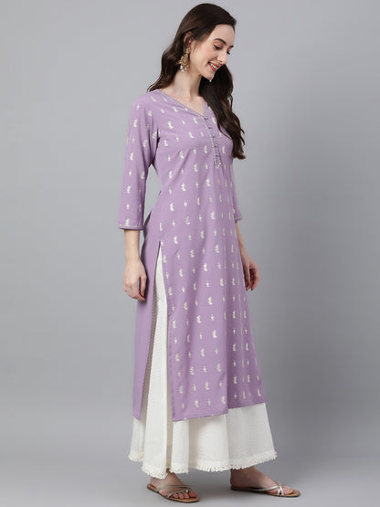 Women's Lavender Foil Print Casual Crepe Kurti (Top Only)