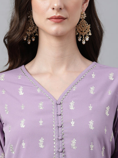 Women's Lavender Foil Print Casual Crepe Kurti (Top Only)