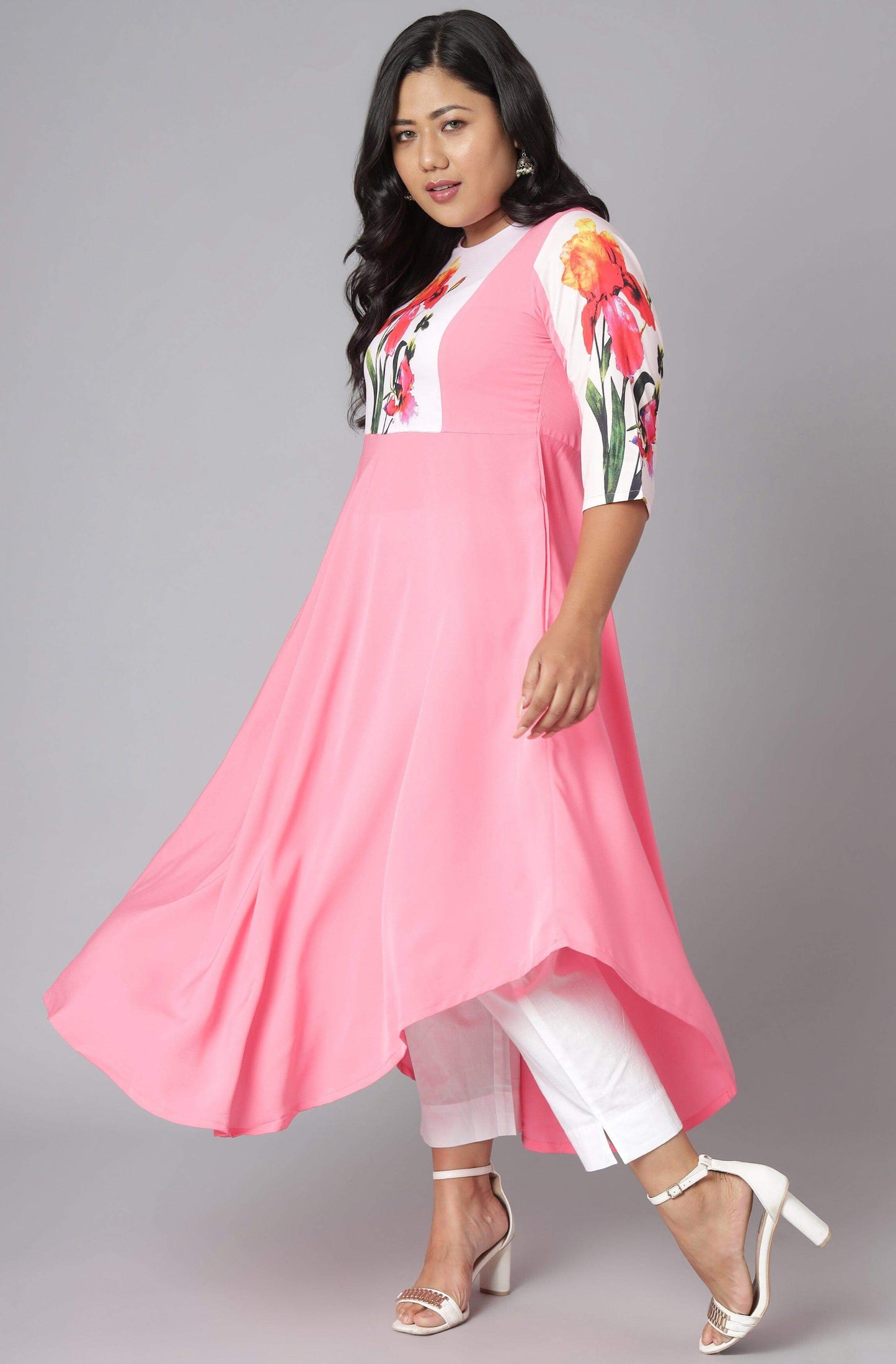 Women's Plus Size Pink Poly Crepe Floral Print Flared Kurti  (Top Only)