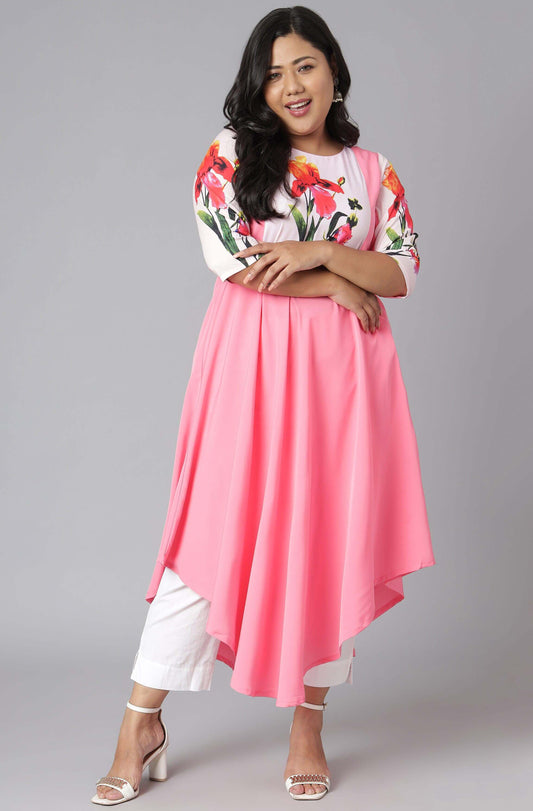 Women's Plus Size Pink Poly Crepe Floral Print Flared Kurti  (Top Only)