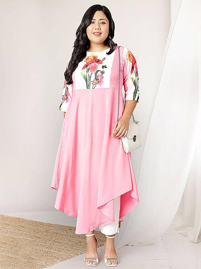 Women's Plus Size Pink Poly Crepe Floral Print Flared Kurti  (Top Only)