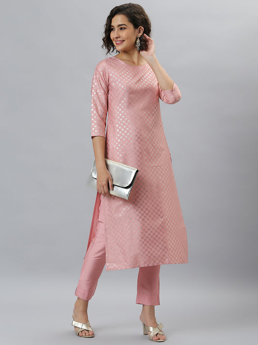 Women's Pink Poly Silk Floral Print Kurti With Pant