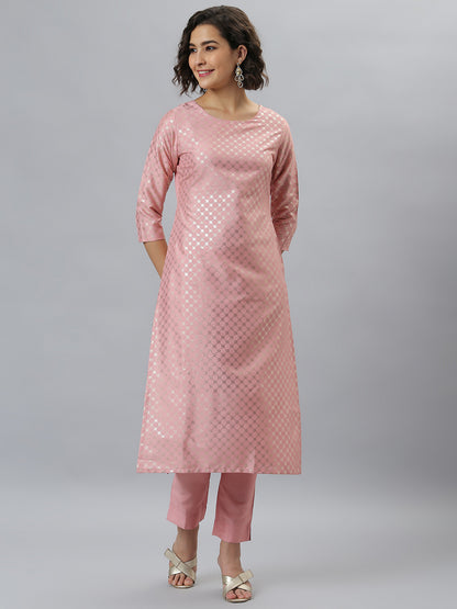 Women's Pink Poly Silk Floral Print Kurti With Pant