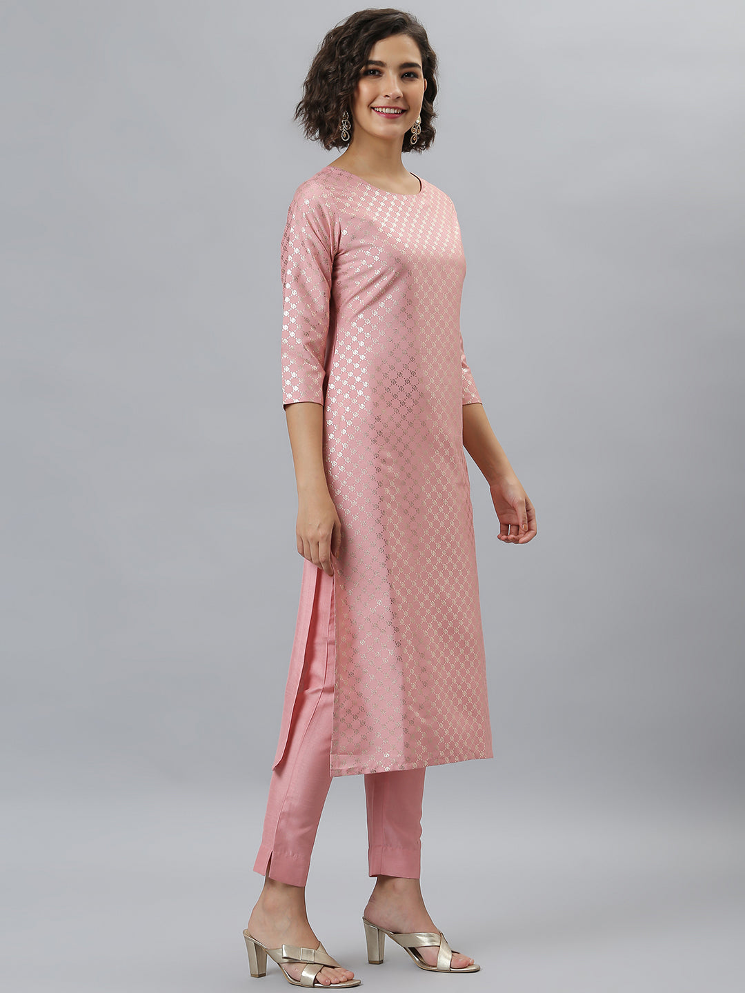 Women's Pink Poly Silk Floral Print Kurti With Pant