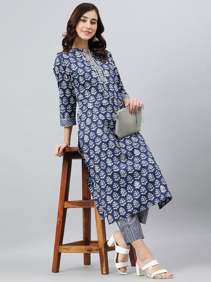 Women's Navy Blue Cotton Kurti with Pant