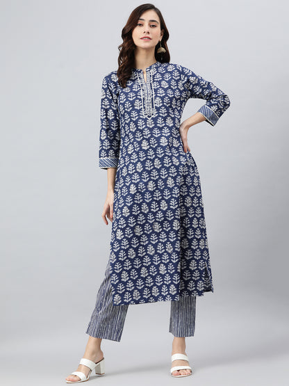 Women's Navy Blue Cotton Kurti with Pant