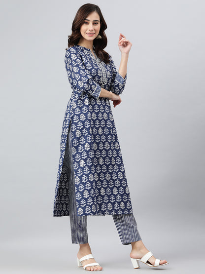 Women's Navy Blue Cotton Kurti with Pant