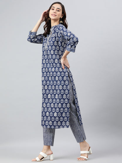 Women's Navy Blue Cotton Kurti with Pant