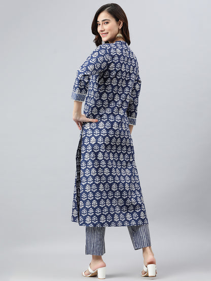 Women's Navy Blue Cotton Kurti with Pant